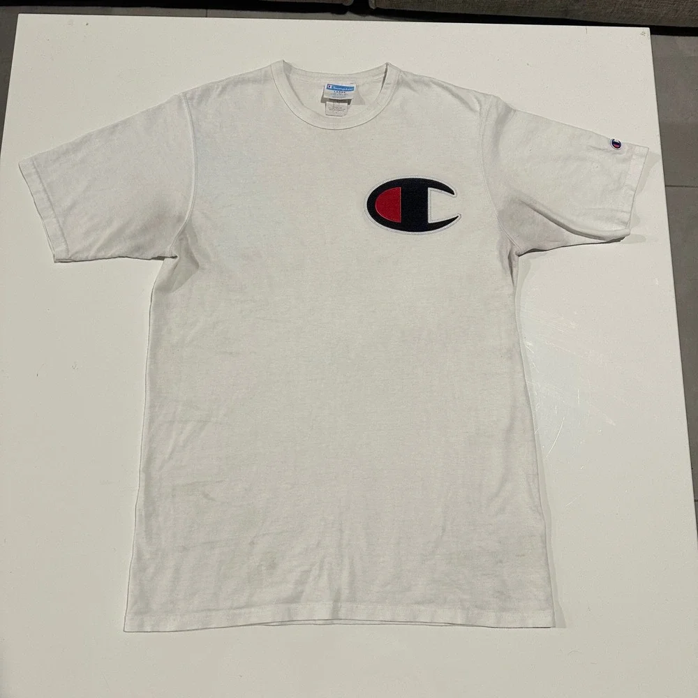 Champion Vintage T-Shirt Big Logo Graphic Tee Crew Neck Short Sleeve White Large - Picture 4 of 14